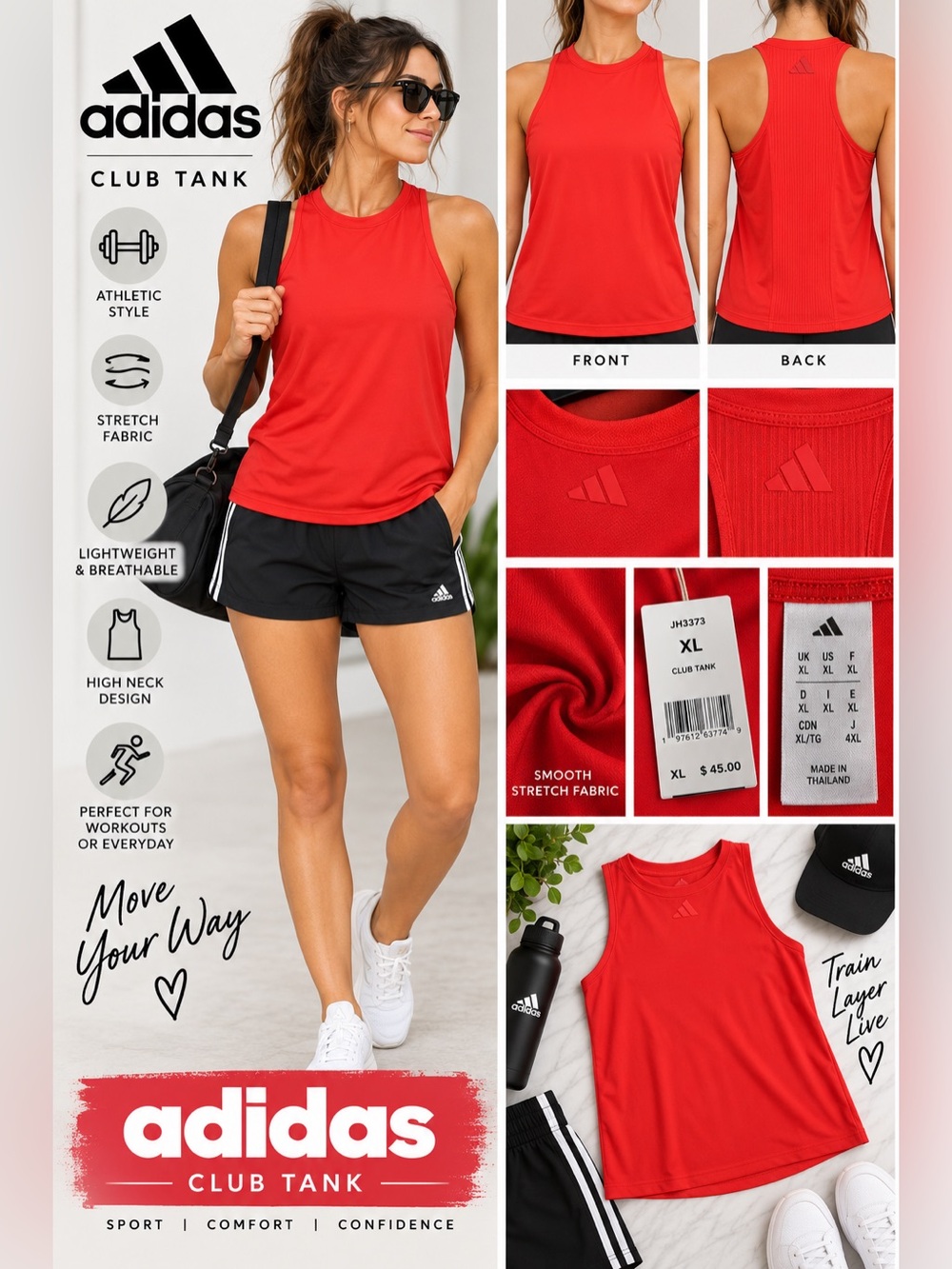 adidas Women Club Tank Top High Neck Semi Lucid Red XL NEW